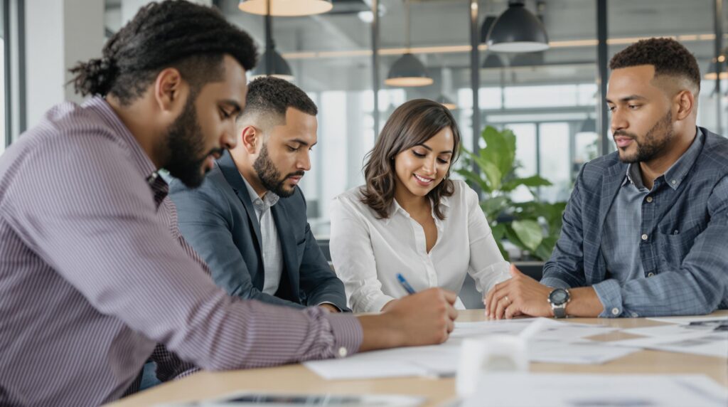 Business team collaborating at a meeting.