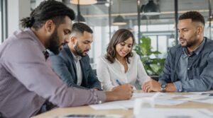 Business team collaborating at a meeting.