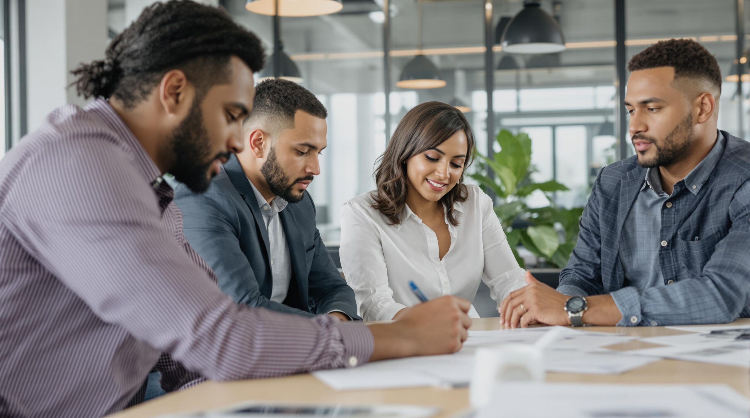 Business team collaborating at a meeting.
