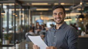 Smiling businessman holding documents in office