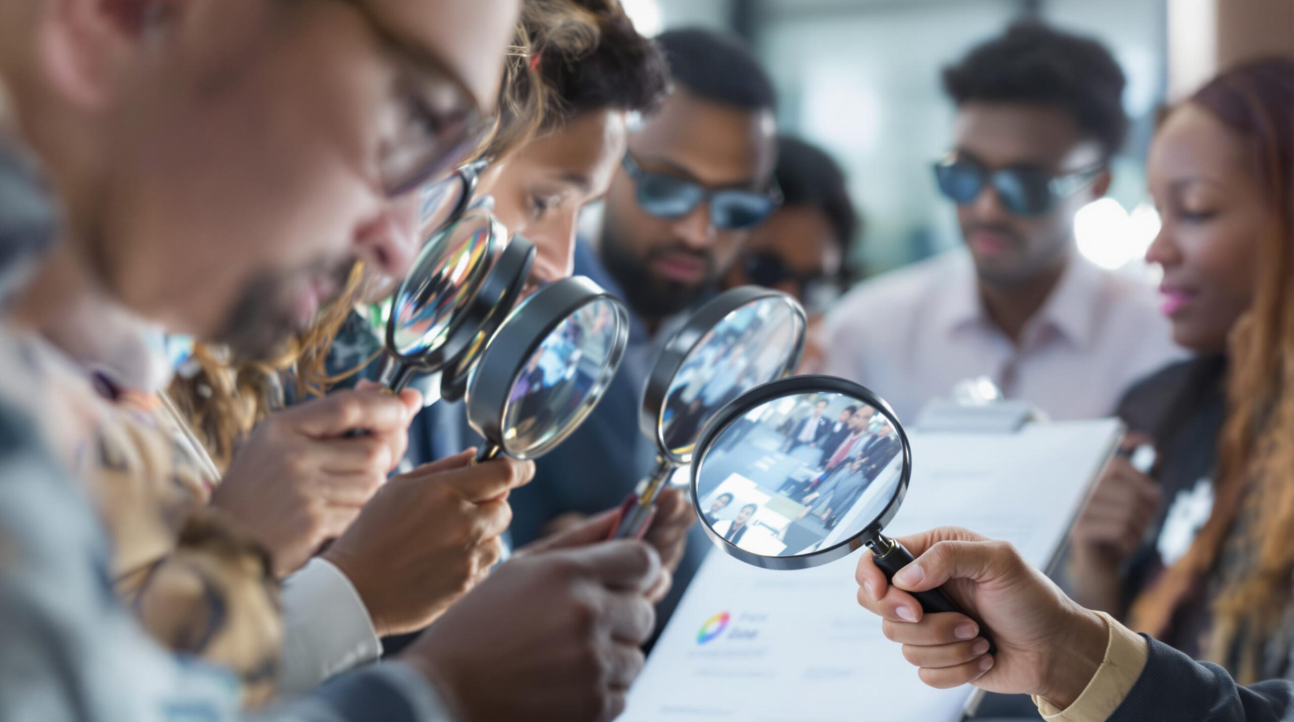 Group of people examining document with magnifying glasses.