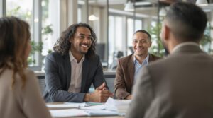 Smiling professionals in a meeting