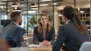 Business meeting with three colleagues in modern office