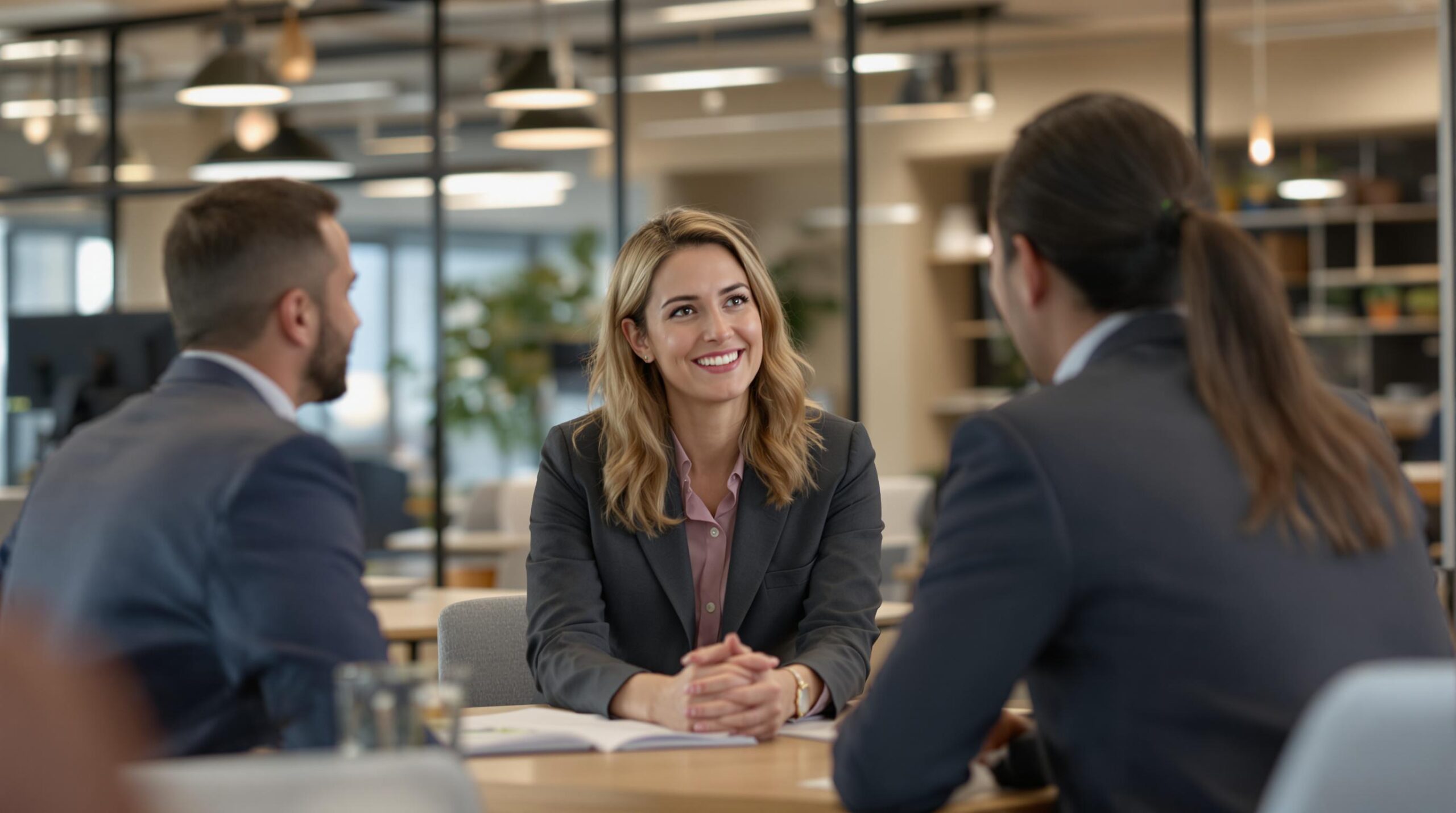Business meeting with three colleagues in modern office