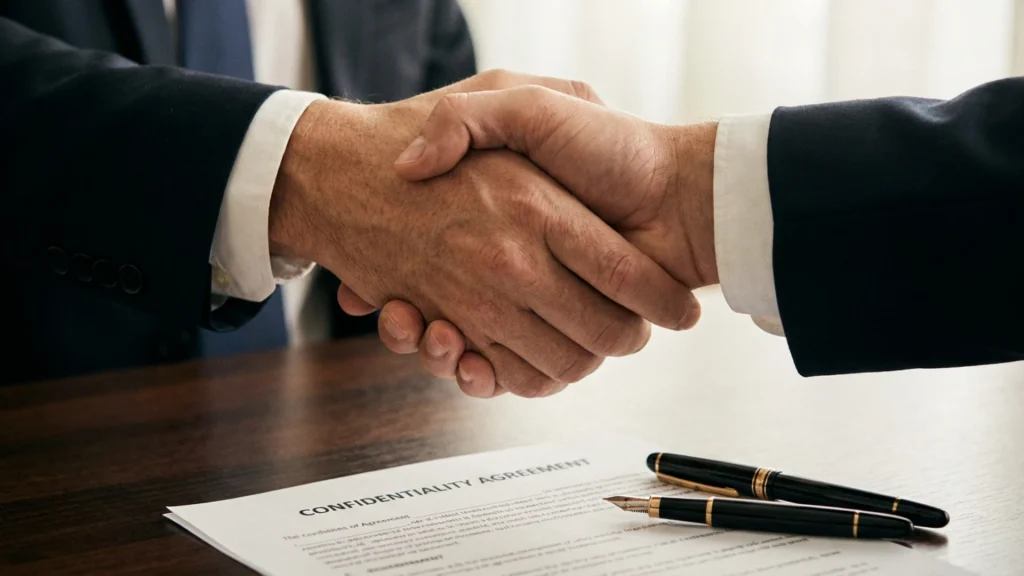 Poignée de main au-dessus d'un accord de confidentialité de recrutement
