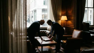 Réunion discrète entre deux dirigeants dans un salon d'affaires privé