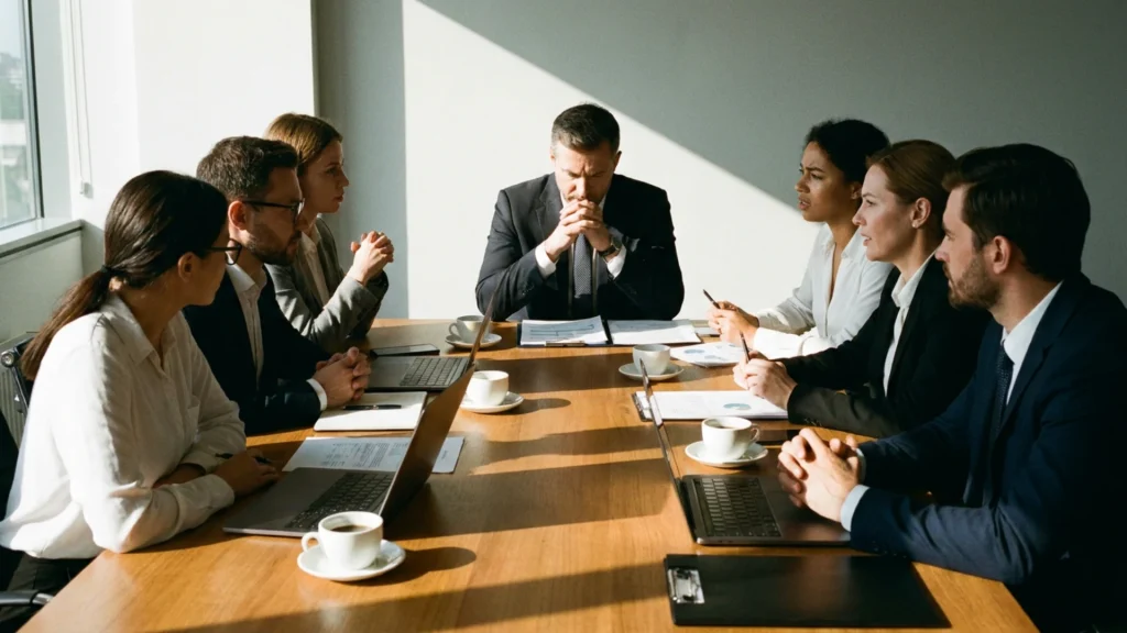 Comité de direction en séance de travail lors d'un redressement d'entreprise