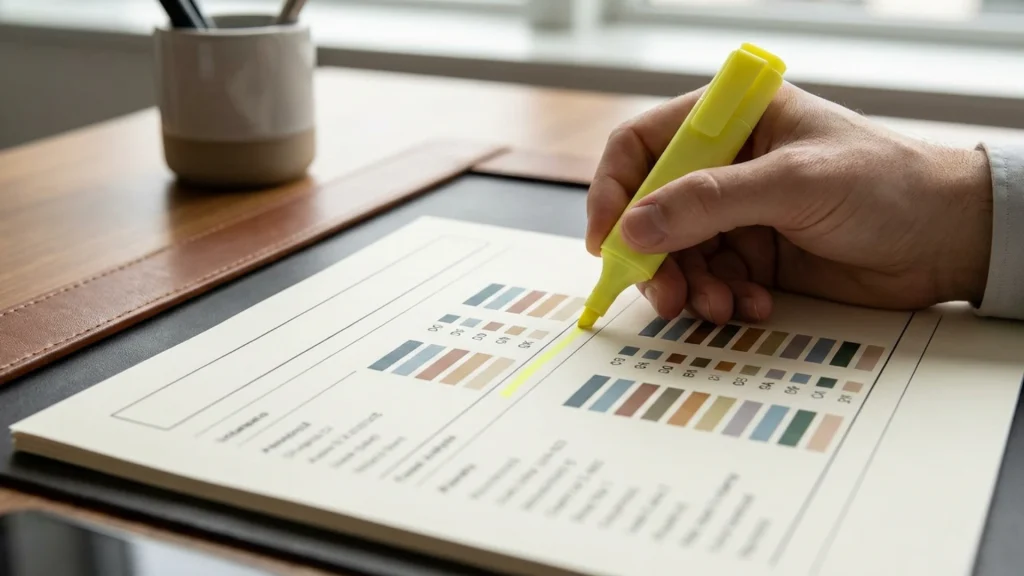 Analyse de la marge par compte annotée à la main sur un document imprimé