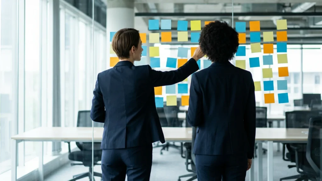 Deux professionnels construisant la cartographie d'un compte stratégique sur un mur vitré