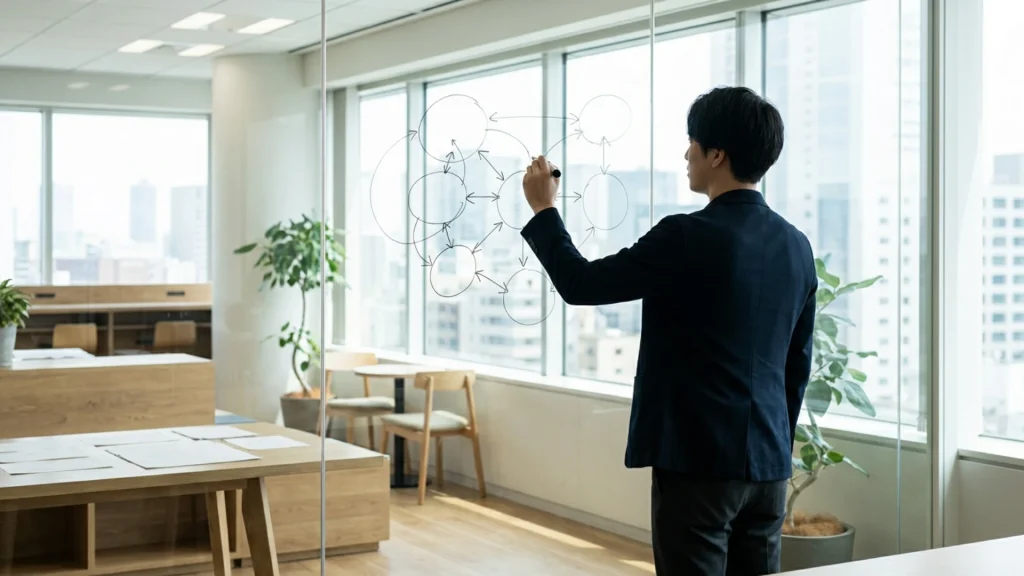 Consultant traçant la cartographie des décideurs d'un compte sur un tableau