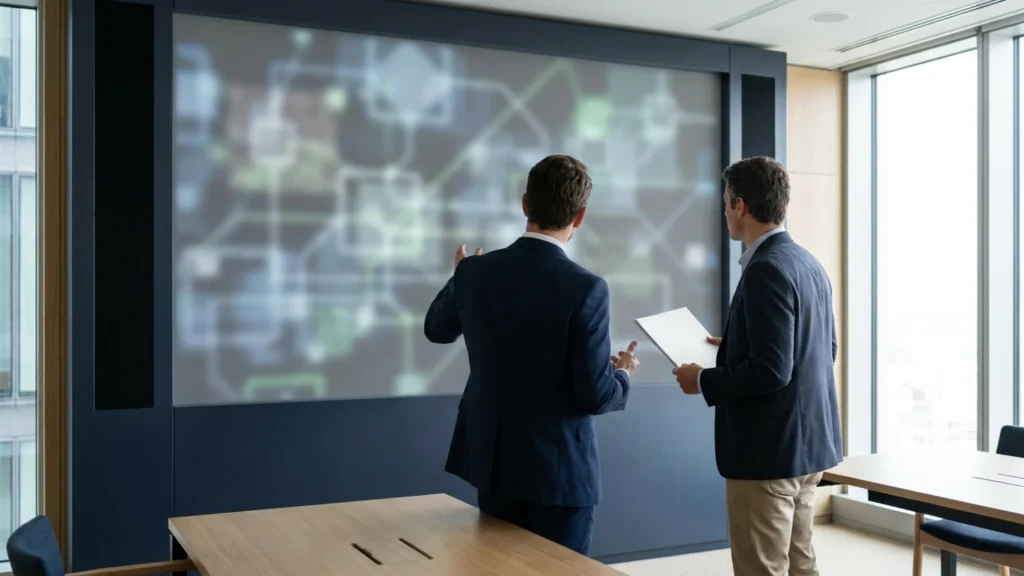 Organisation d'une direction commerciale présentée sur un écran en salle de réunion