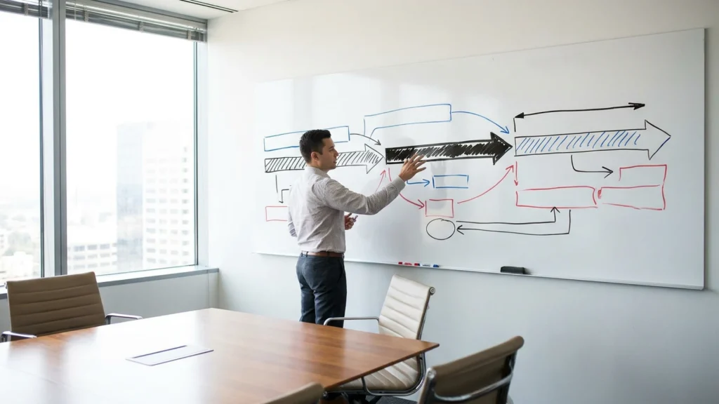 Plan de 90 jours d'un Head of Sales tracé sur un tableau blanc