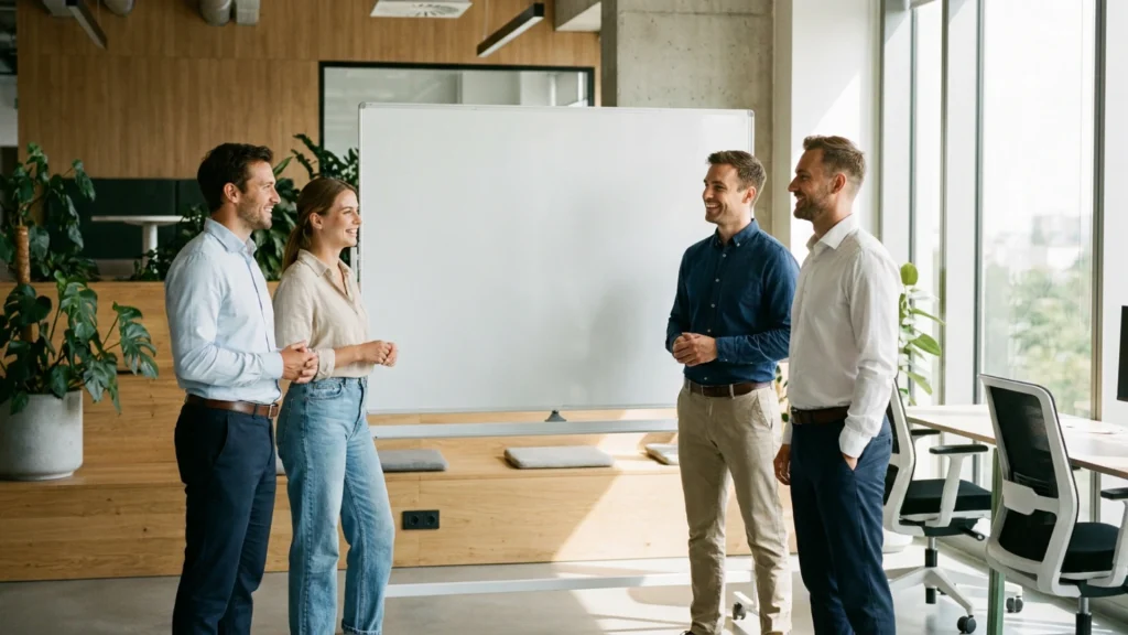 Première équipe commerciale d'une start-up en point hebdomadaire devant un tableau