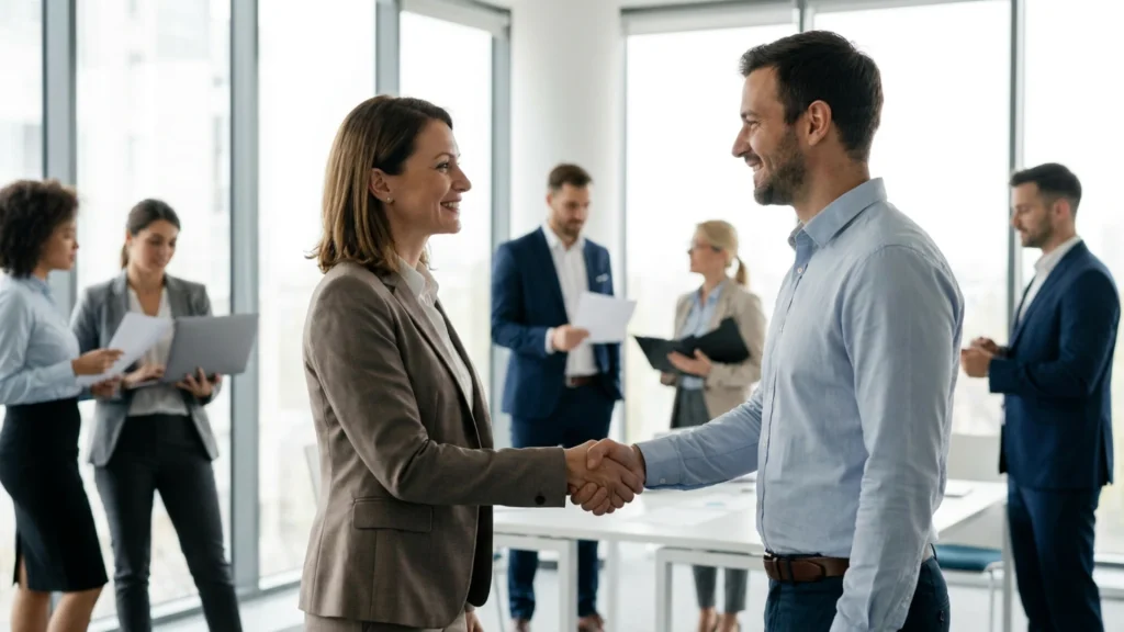Head of Sales nouvellement nomme accueilli par son equipe commerciale