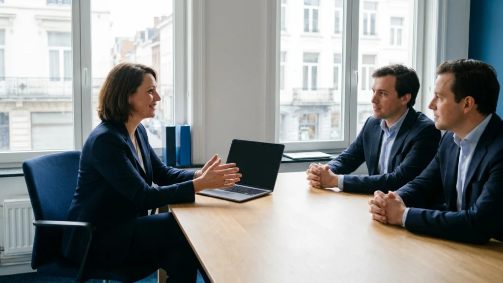Key Account Manager in onderhandeling met twee aankopers in een kantoor in Brussel