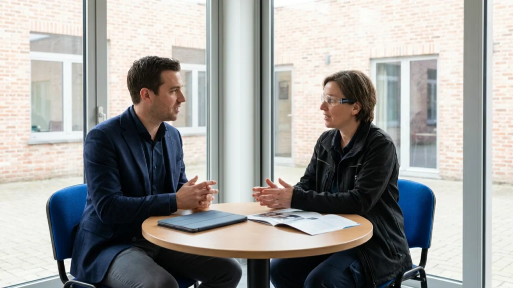 (translate) Business Developer lors d’un premier rendez-vous chez un prospect industriel