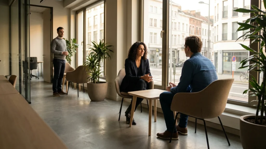Leidinggevende voert een assertief gesprek met een medewerker
