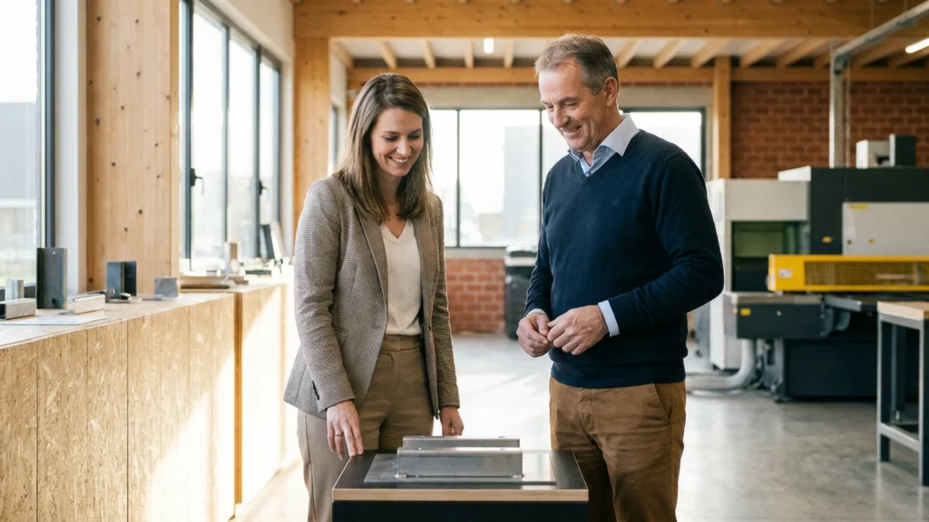 Account Manager en visite chez un client industriel, échantillon de produit en main, dans un showroom en Belgique