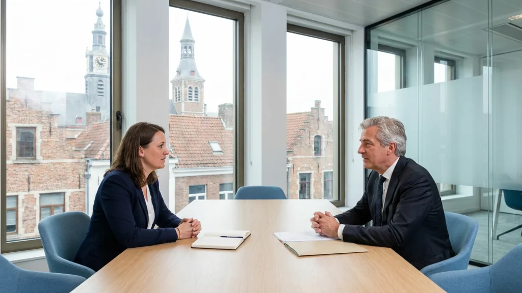 Consultante en recrutement et dirigeant d’entreprise en réunion de briefing dans un bureau à Bruxelles