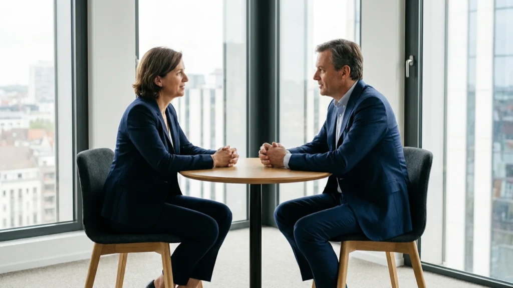 Vertrouwelijk gesprek tussen twee leidinggevenden in een vergaderzaal in Brussel