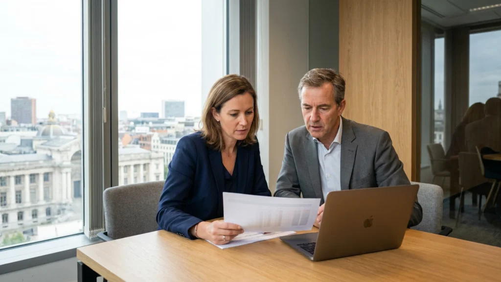 Directrice financière et directeur commercial examinant ensemble un budget de recrutement dans un bureau à Bruxelles
