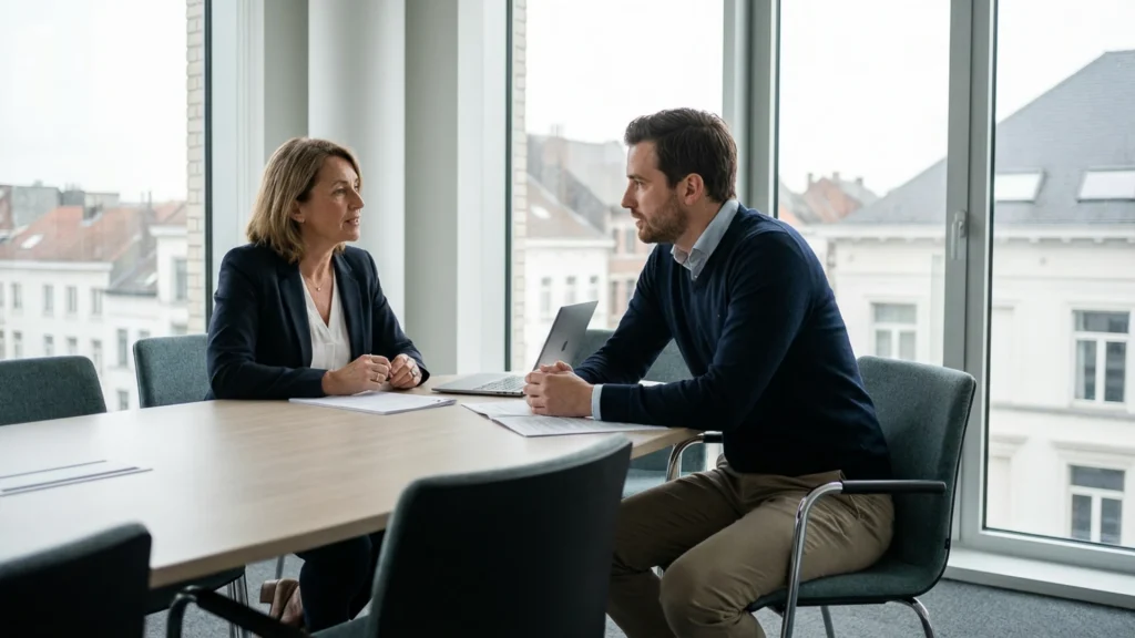 Directrice commerciale en entretien avec un commercial pressenti pour un poste de Sales Manager dans un bureau en Belgique