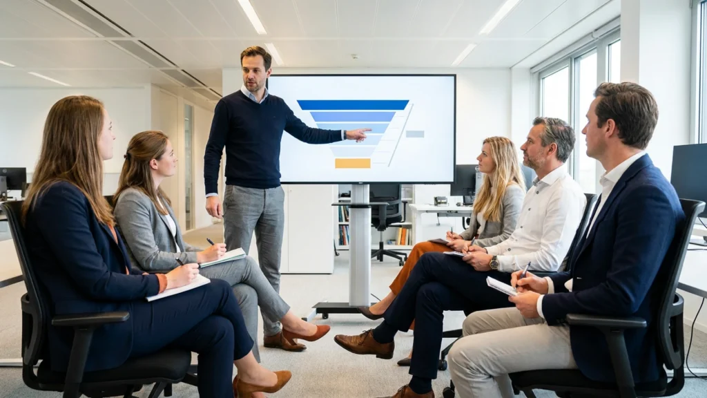Interim manager presenting the sales pipeline to a sales team in a Belgian office