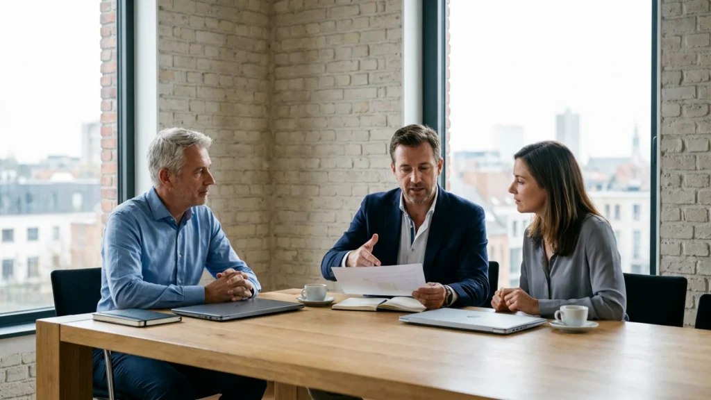 Dirigeant d’une PME belge en réunion avec un manager de transition et une responsable RH autour d’une table