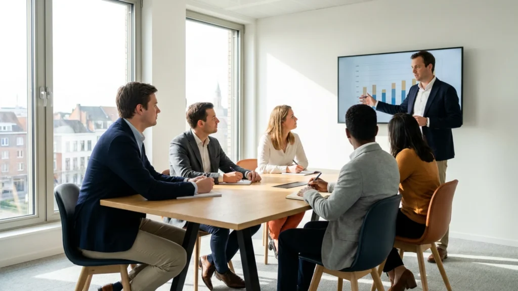 Business Developer at a prospecting meeting with an industrial client in Belgium