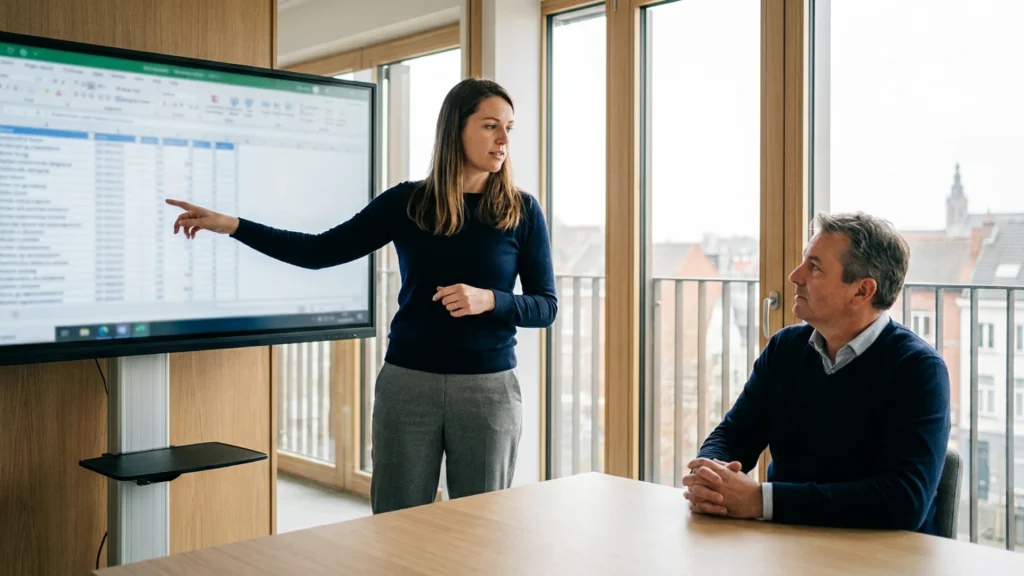 HR manager presenting a salary cost simulation to the managing director of a Belgian SME